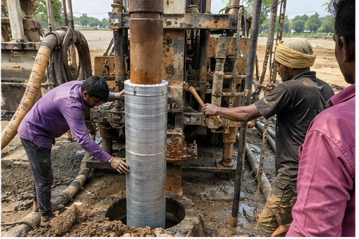 Casing pipe being lowered into the shaft